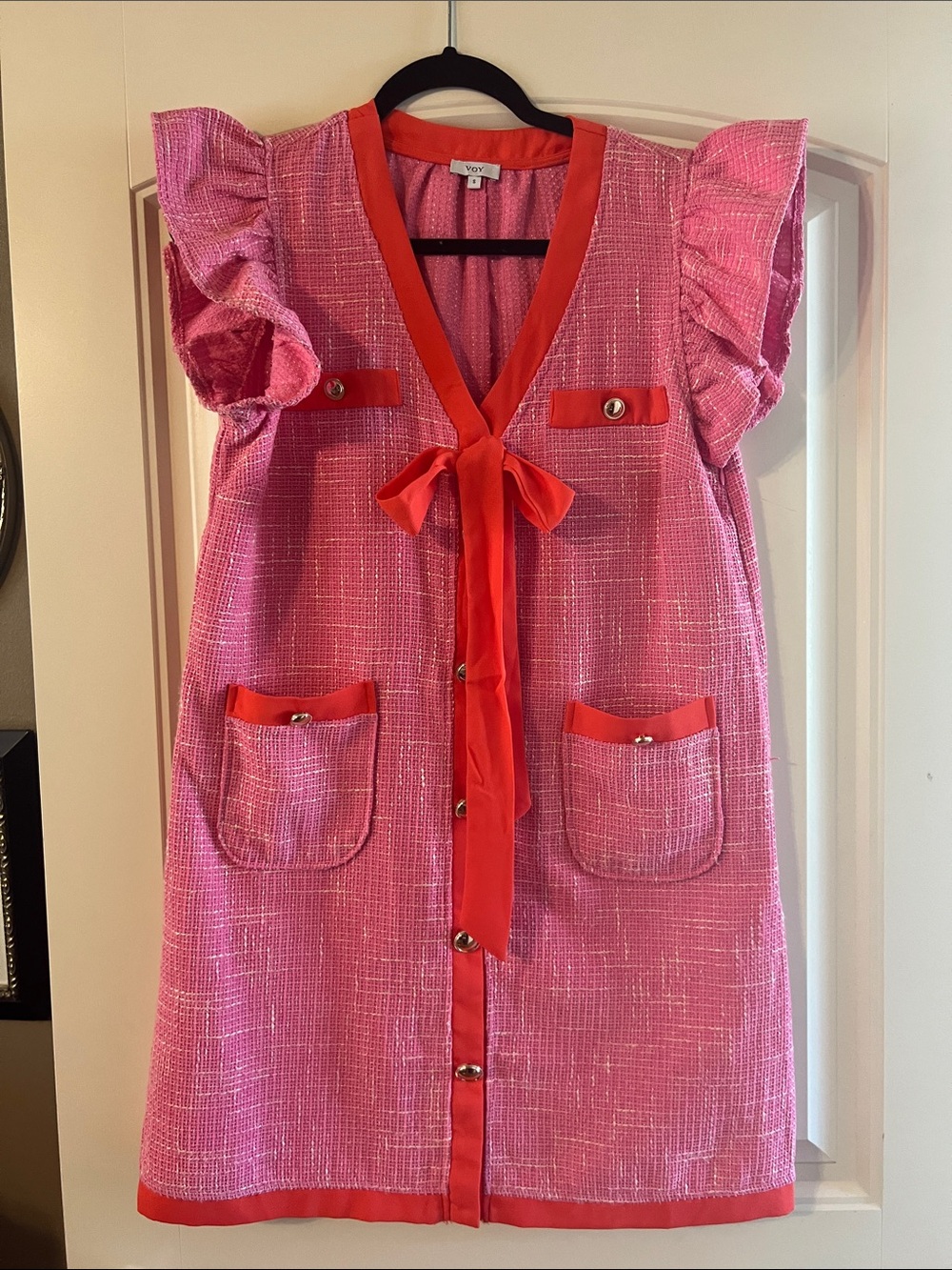 Girls Pink Tweed Dress with Red Trim and Bow